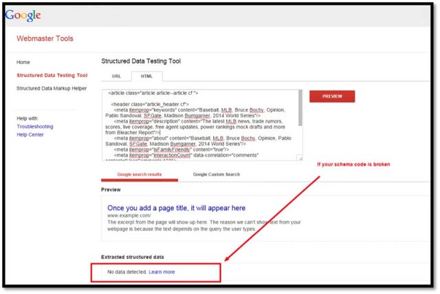 Screenshot of Testing Tool Results Using Schema - brightedge